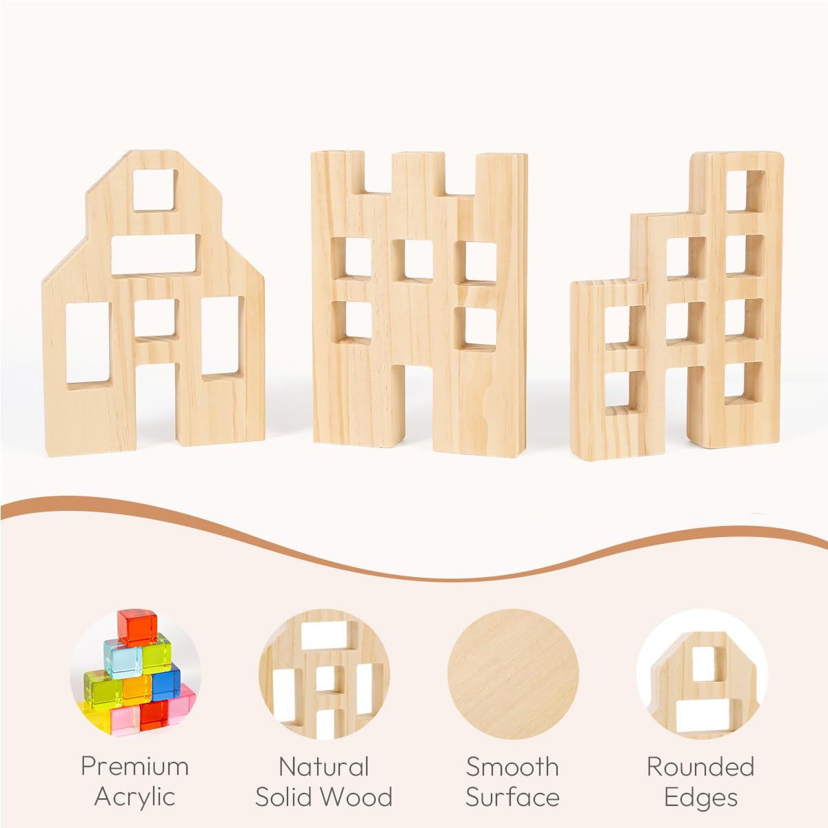 Woodtoe Wooden Building Blocks Set For Kids, 36 Pcs Rainbow Acrylic Gem Cubes Blocks - 3 Wood House, Montessori Stacking Toy For