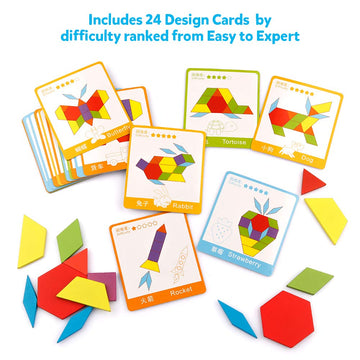 Coogam Wooden Pattern Blocks Set 130Pcs Geometric Color Shape Manipulative Puzzle - Graphical Montessori Tangram Early Learning Educational Toys Brain Teasers Stem Gift For Kids With 24 Design Cards