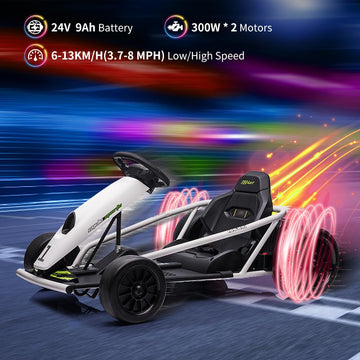 Ride on Go Kart for Kids, 24V 9Ah Battery 300W*2 Motors, 8MPH High Speed Drifting Circling Car, Slow Start Function with Music,