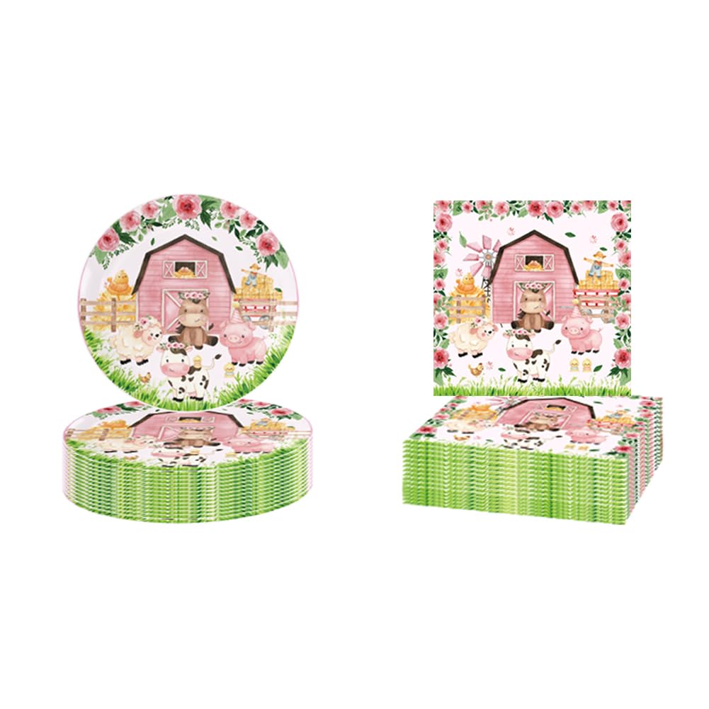 41Pcs Pink Farm Party Supplies,Include 20 Plates, 20 Napkin And 1Pcs Tablecloth,Used For La Granja De Zenon Birthday Party Decor