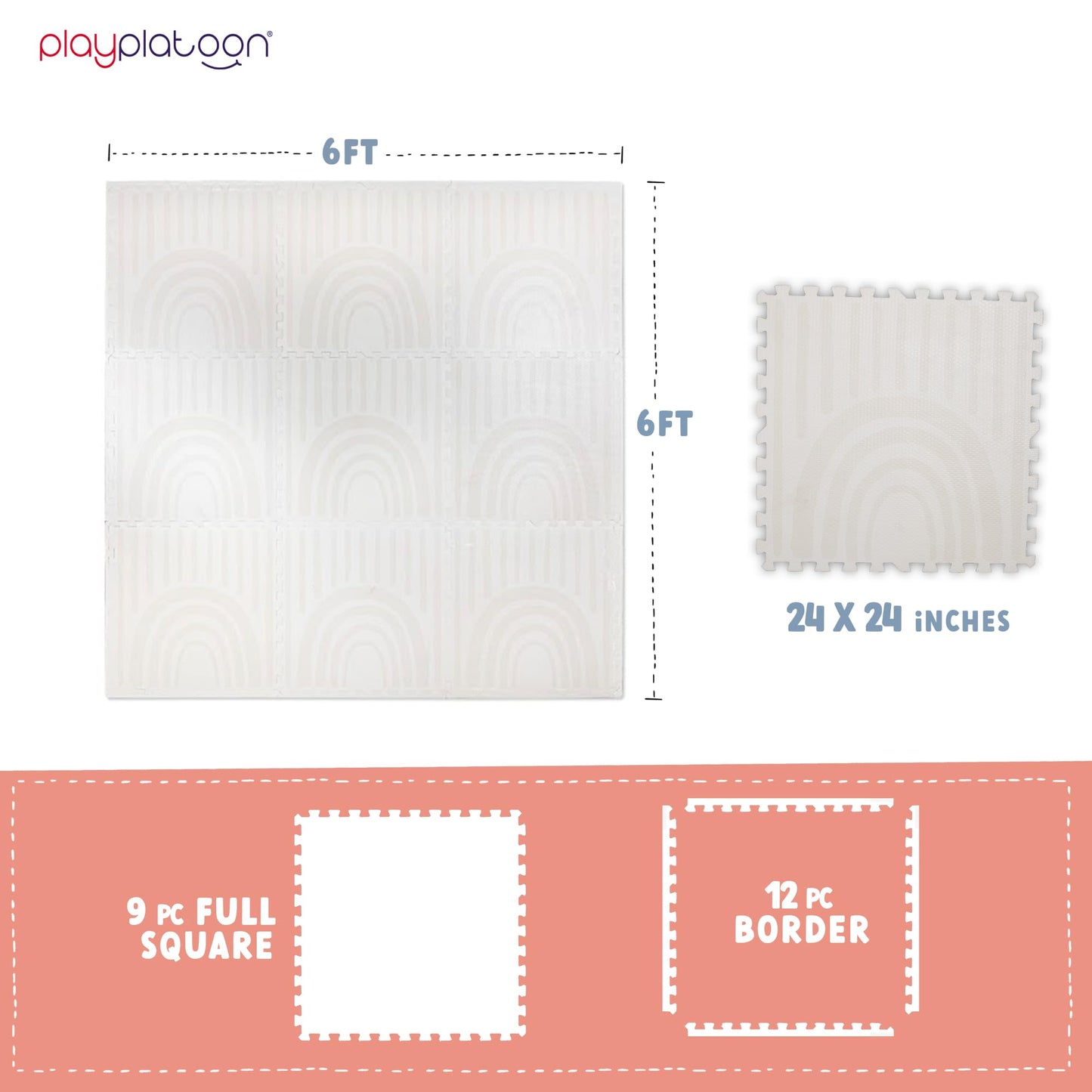 Play Platoon Non-Toxic Large Kids Play Mats For Floors, 9 Tile 72 X 72 Inch - Extra-Thick Interlocking Comfortable Cushiony 24 X 24 In. Puzzle Mat With Border, Neutral Playmat Rug For Toddlers