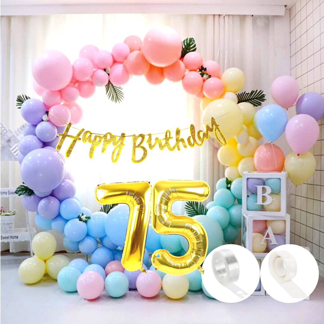 Flyloons 75Th Pastel Happy Birthday Decoration For Girls Kids Boys With Glitter Golden Happy Birthday Banner, Pastel Balloons, G