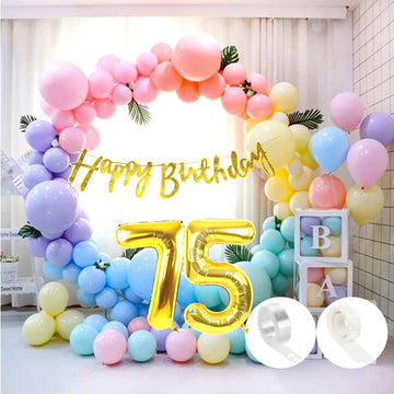 Flyloons 75Th Pastel Happy Birthday Decoration For Girls Kids Boys With Glitter Golden Happy Birthday Banner, Pastel Balloons, G