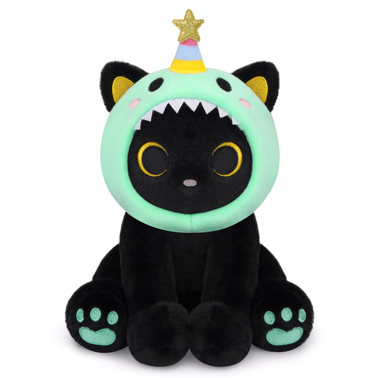 Hagusahuo Dinosaur Plush  8inches Black Cat Plush with Green Dino Plushie Hood Removable  Cute Plushies Shiny Dinosaur Stuffed Animal Doll Toy Birthday Gifts for Kids Boys Girls
