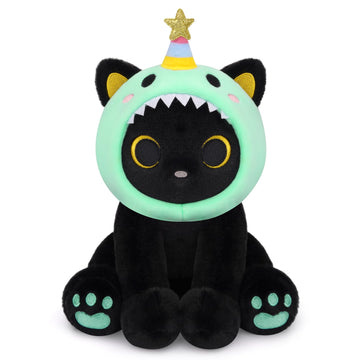 Hagusahuo Dinosaur Plush  8inches Black Cat Plush with Green Dino Plushie Hood Removable  Cute Plushies Shiny Dinosaur Stuffed Animal Doll Toy Birthday Gifts for Kids Boys Girls
