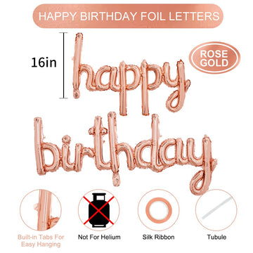 Toniful Rose Gold Happy Birthday Balloons Banner, 16 Inch Mylar Foil Script/Cursive Letters Birthday Sign Banner Balloon Reusabl