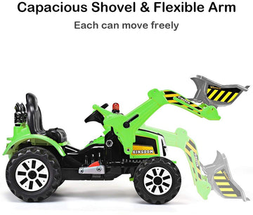 Glacer Ride On Excavator, 12V Battery Powered Digger W/ 2 Speeds, Forward & Backward, Front Loader Bucket, Horn, Safety Belt, El