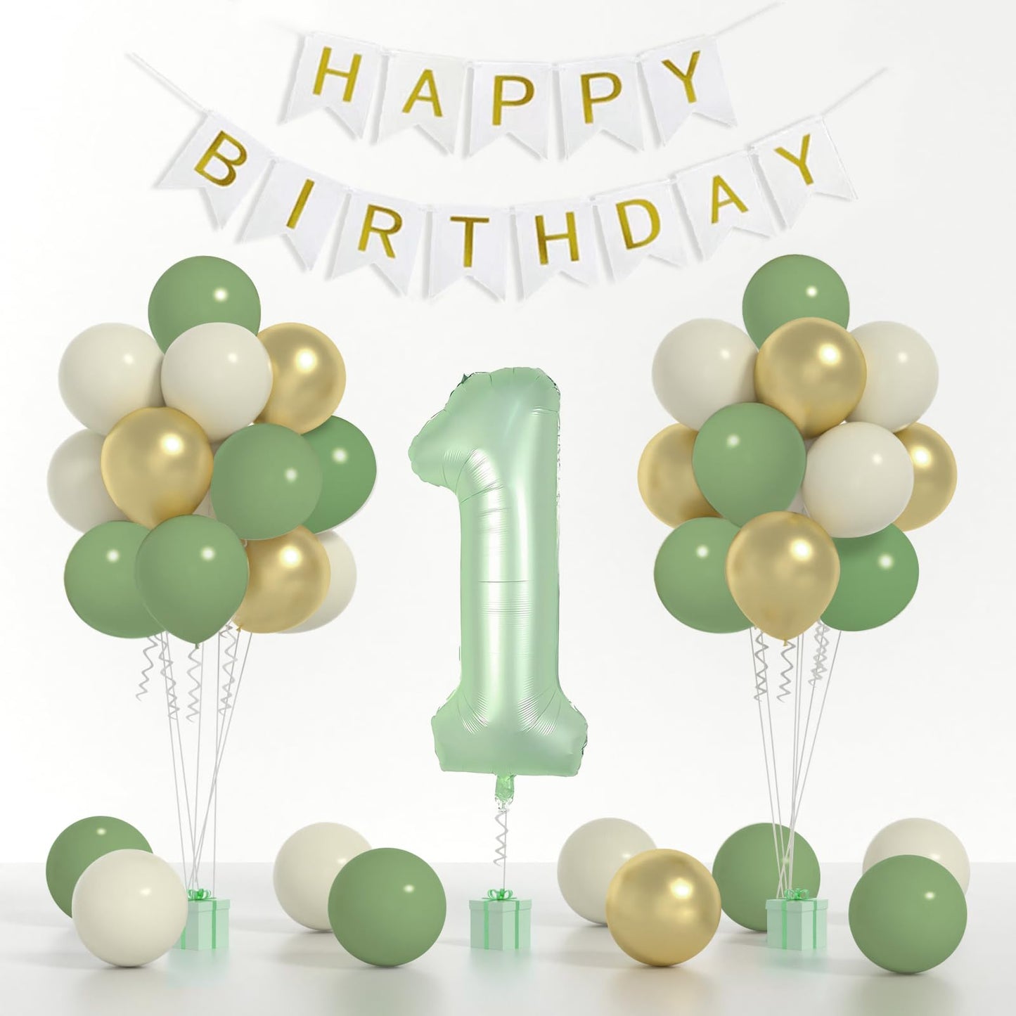 Sage Green First Birthday Decorations For Boys, 40Inch Olive Green Number 1 Balloon And Happy Birthday Banner Set With 12Inch Sa