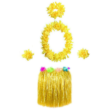Bajotal Hawaiian Luau Hula Grass Skirt With Large Flower Costume Set For Dance Party Decorations Favors (16'' - Yellow)