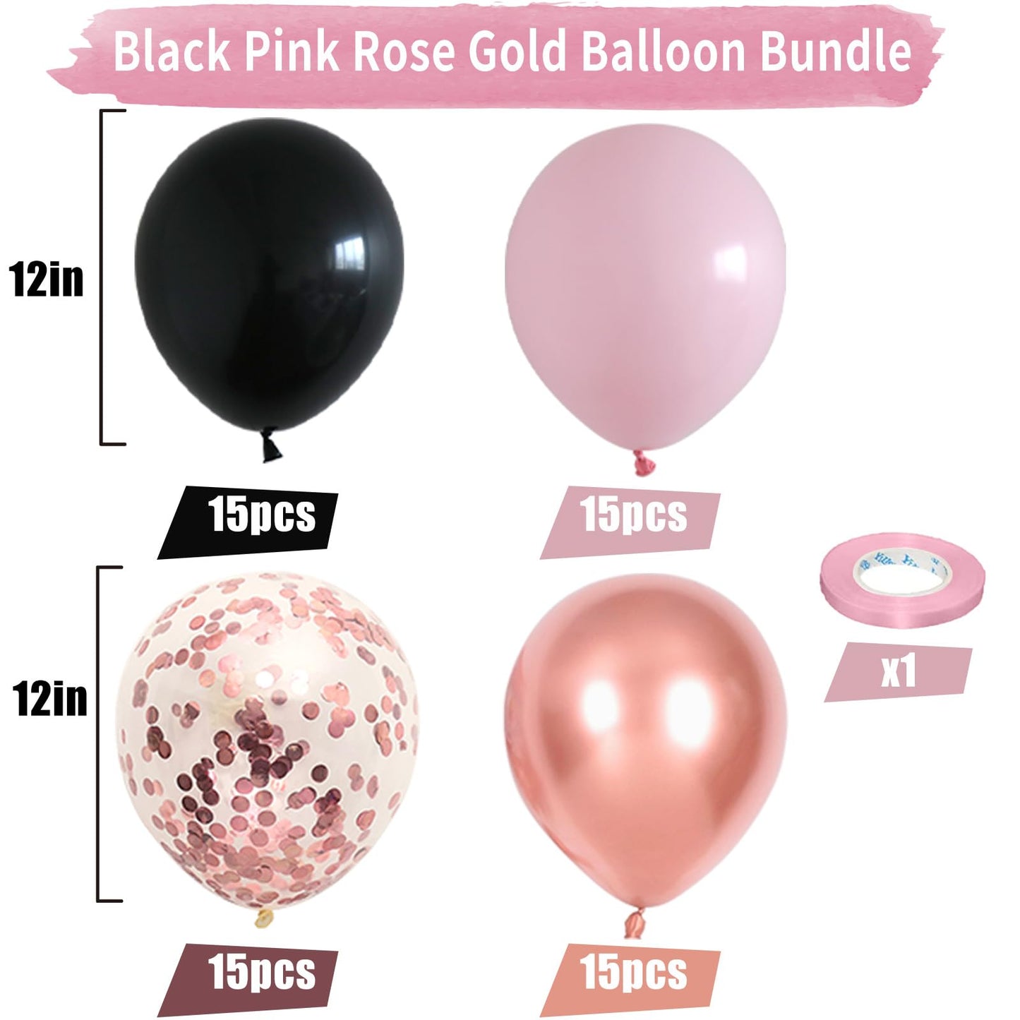 Jobkoo Pink & Black 55Pcs Balloon Set (12Inch) - Rose Gold Confetti, Female Gift, Ideal For Wedding, Birthday, Party Decoration