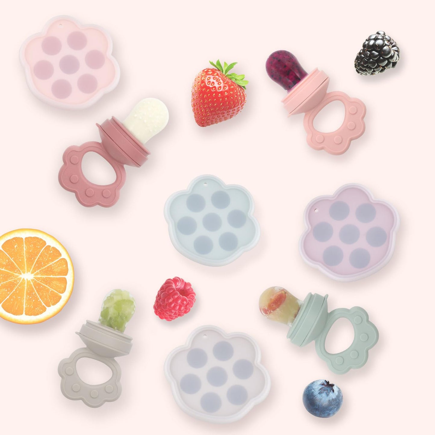 Ginbear Silicone Baby Fruit Food Feeder & Freezer Tray (Set Of 2), Infant Teething Feeder Pacifiers With Popsicle Molds Combo 4