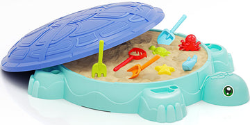 Sandbox with Lid, Kids Turtle Sand Box with Sand Molds and Shovels Set for Sensory Play, Toddler Outdoor Indoor Toys for Boys Gi