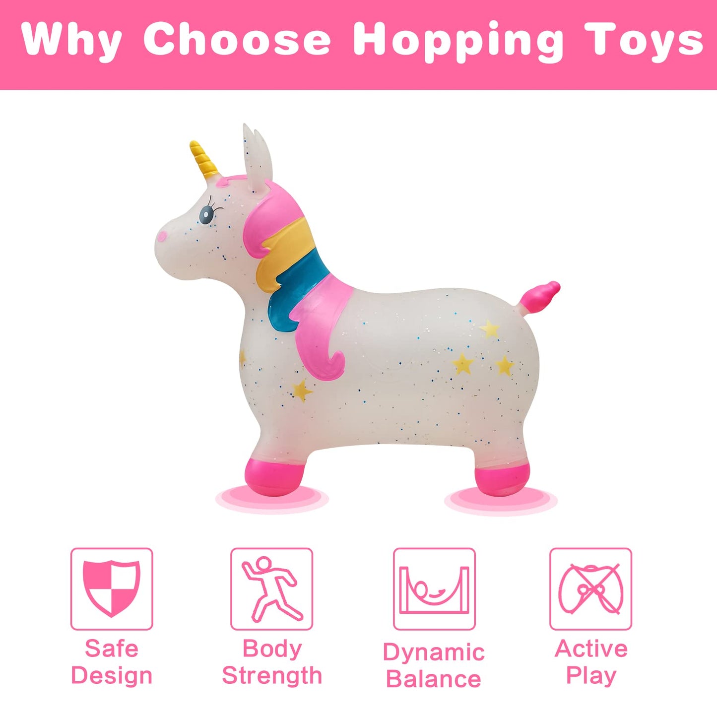 Hotmax Transparent Glittery Bouncy Horse, Inflatable Bouncing Animal Hopper For Toddlers Or Kids, Ride On Rubber Jumping Toys For Boy Or Girl Birthday Gift (Pink Unicorn)