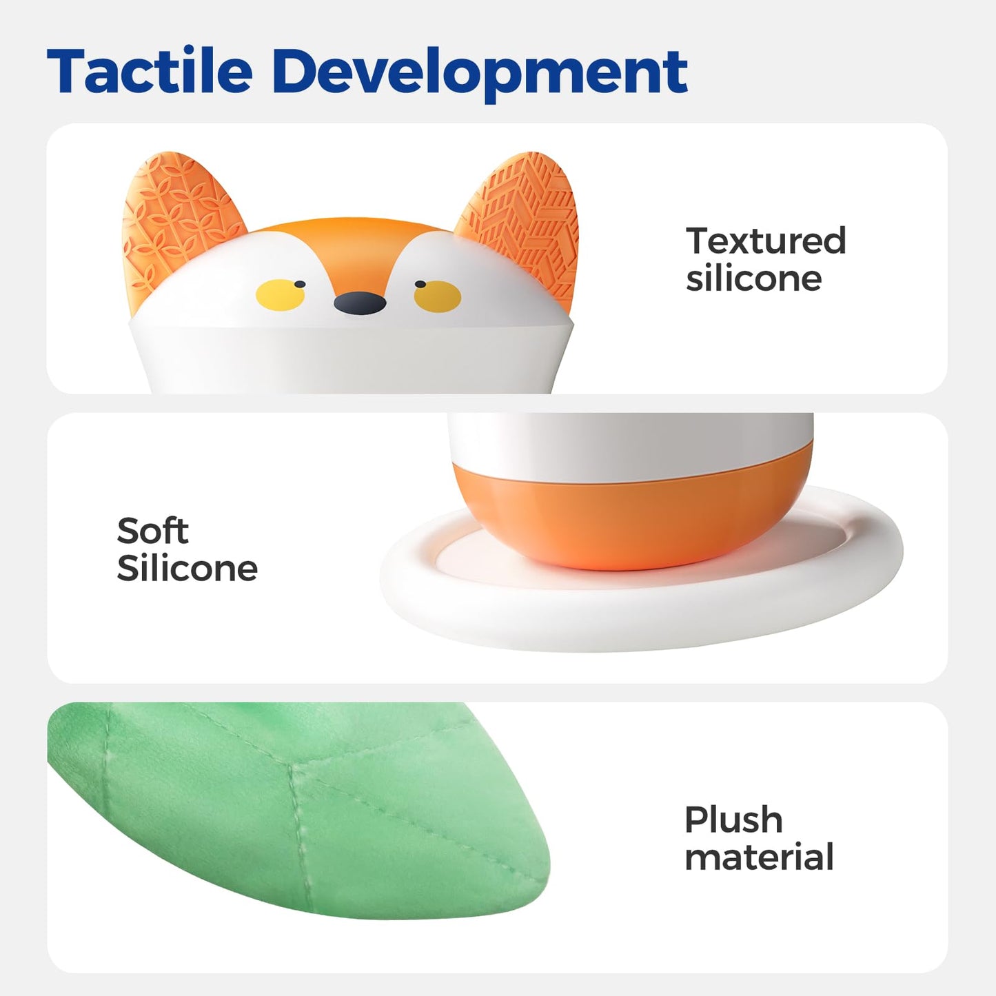 Evoceler Baby Rattles Shaker Toy - Fox with Tinkle Sounds & Green Fabric Tail, Silicone Soft Infant Tummy Time Toys with Texture