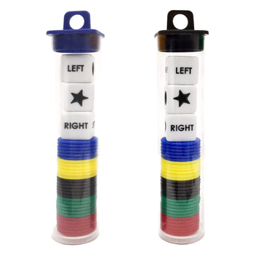Ahoper Left Right Center Dice Game Prime Set Bundle With 3 Dices + 30 Chips - 2 Sets Assorted Colors Round Tube Storage Is Very Convenient For Travel. Easy To Store, Carry Around.(2 Pack)