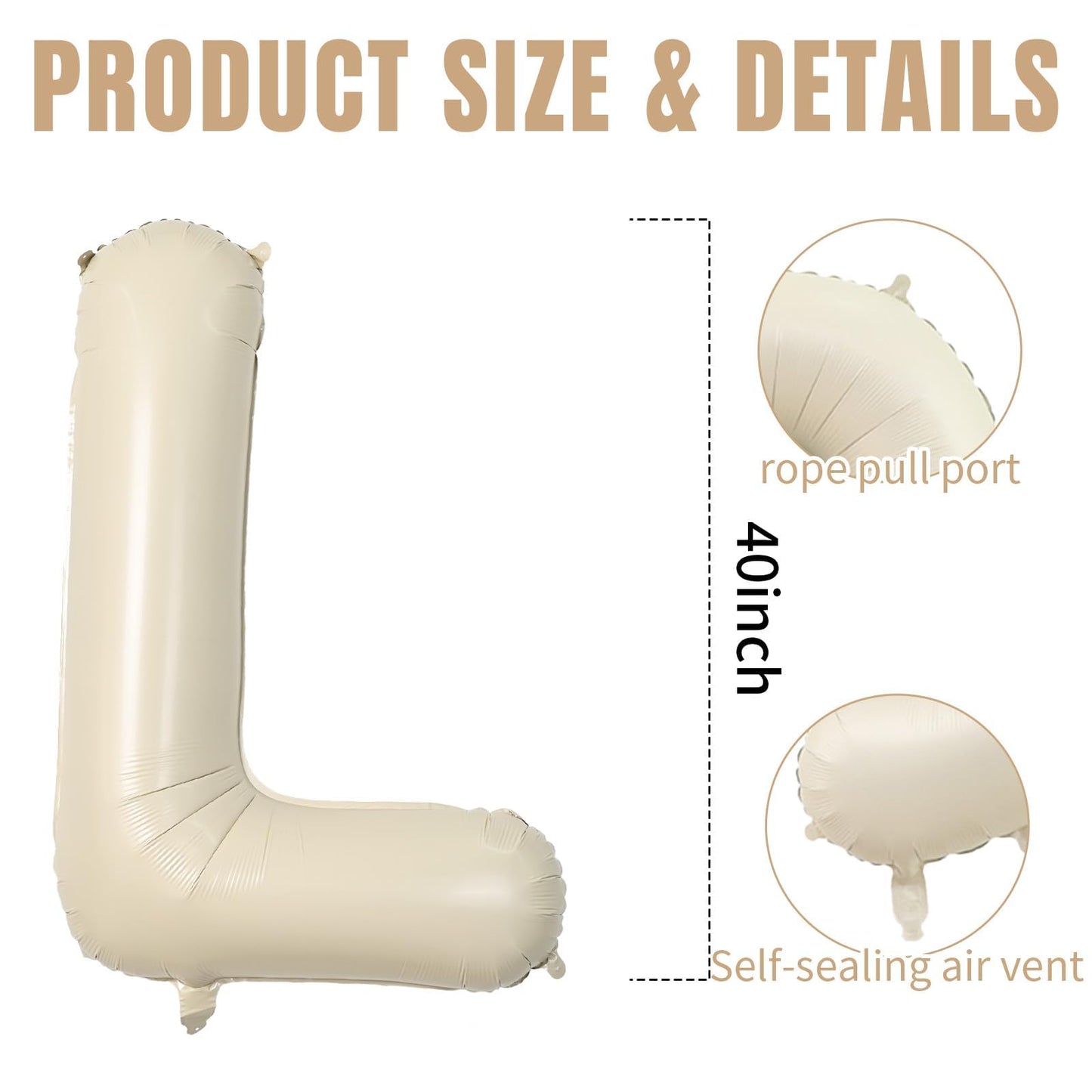 40 Inch Cream Letter Balloons, Large L Letter Balloons Foil Helium Balloons, Mylar Big Single Alphabet L Balloons, Cream Balloon