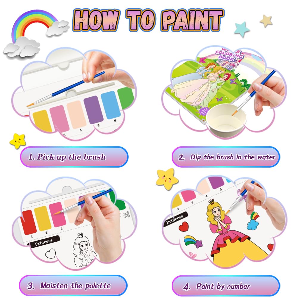 YMluky Water Color Paint Sets for Kids, 2 Coloring Books, No Mess Painting for Toddlers Activities,Magic Paint Set with 2 Brush,