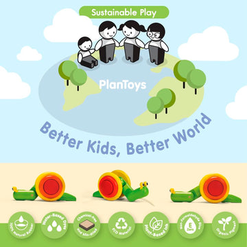PlanToys Wooden Pull Along Snail Pull Toy (5108) | Sustainably Made from Rubberwood and Non-Toxic Paints and Dyes