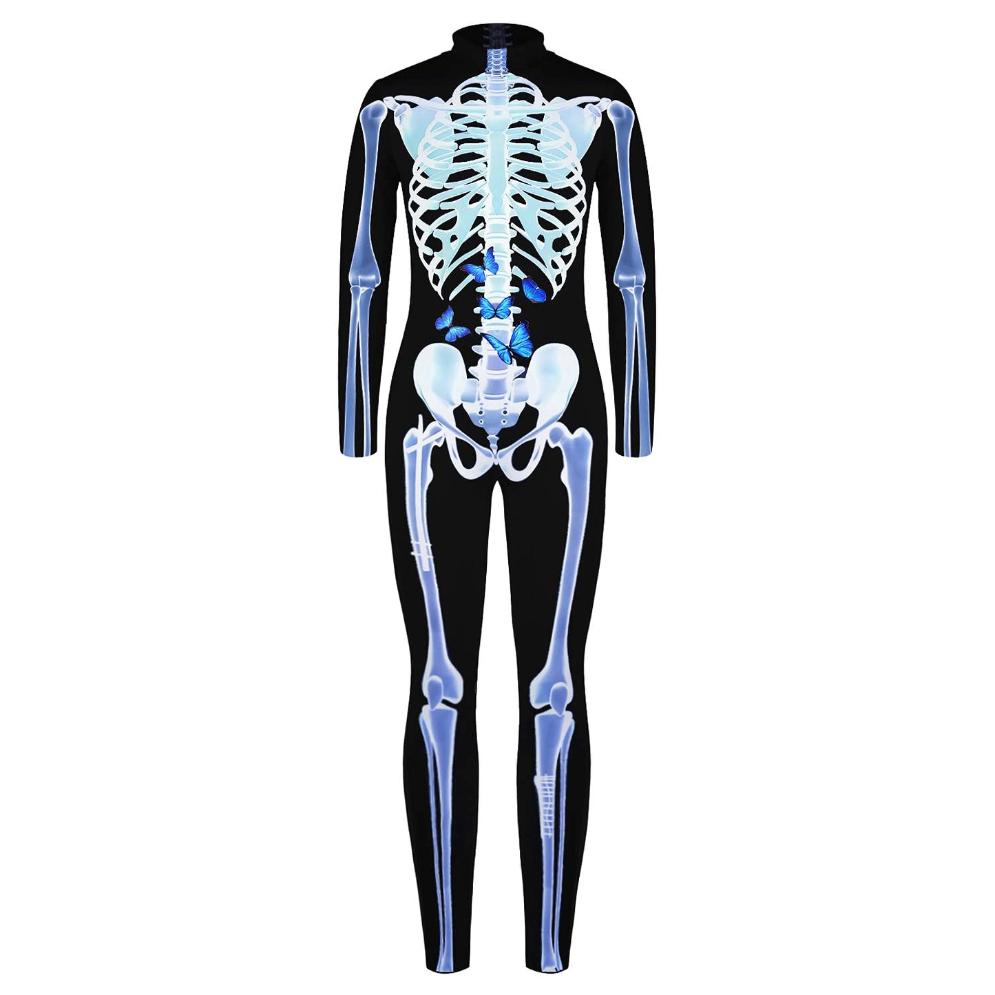 Remimi Halloween Skeleton Costume For Girl Boys Scary Cosplay 3D Print Zip Up Back Outfit Bodysuit Blue Butterfly L
