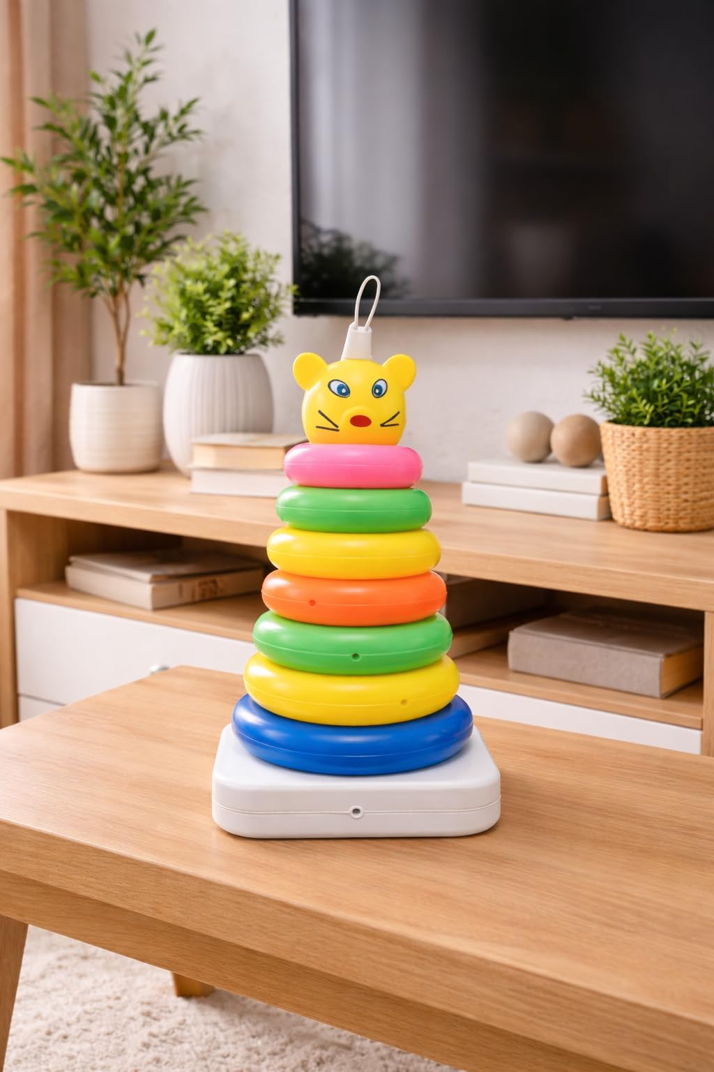 Colorful Stacking Ring Toy with Teddy Bear Topper, 7 Piece Rainbow Ring Set, Educational Development Toy for Baby Boys and Girls
