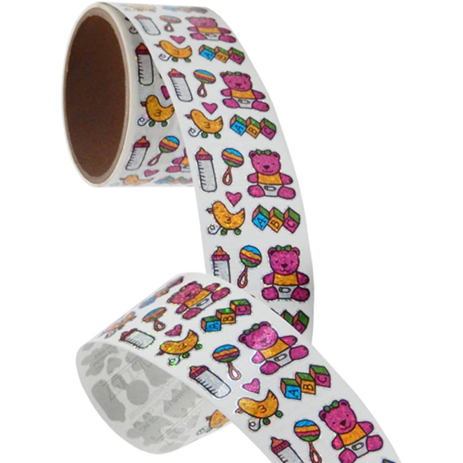 Bulk Roll Prismatic Stickers, Baby Girl/Teddy, 100 Repeats