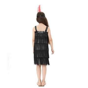 Leadtex Girl'S 20S Flapper Dresses Costume Dress Childrens Party Fringed Dresses With Feather Headband,Size L(10-12,Black