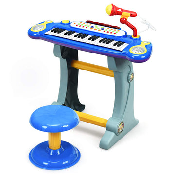 Costzon 37-Key Kids Piano Keyboard Toy, Toddler Electronic Musical Instrument Educational Toy W/Microphone, Multiple Sounds, Record Playback, Lights & Stool, Birthday Gift For Girls Boys Age 3+, Blue