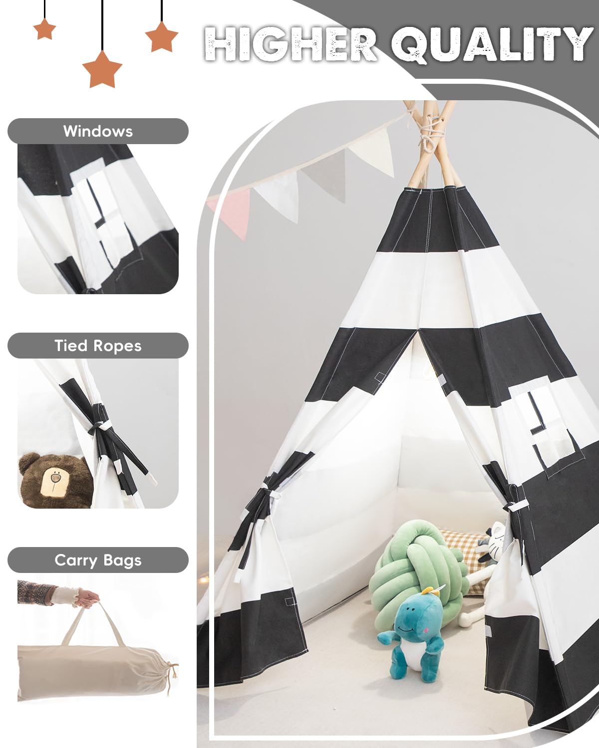 Teepee Tent For Kids, Xiaowantong Kids Teepee Tent With Lights, Carry Bag, Natural Cotton Canvas Toddler Play Tent Indoor, Washable Foldable Teepee Tent For Girls & Boys Outdoor (Stripe Black)
