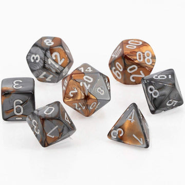 Chessex Manufacturing 26424 Cube Gemini Set Of 7 Dice - Copper & Steel With White Numbering