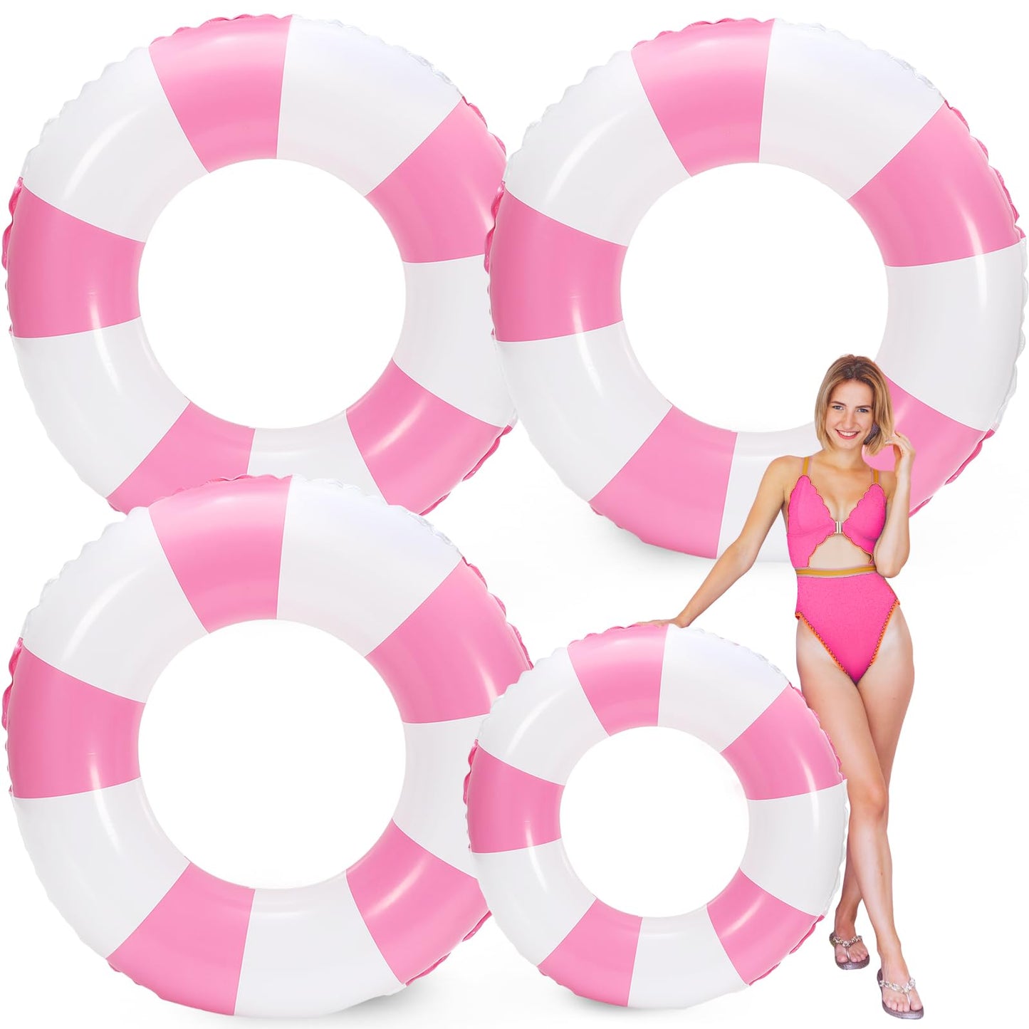 Whaline 4Pcs White Pink Inflatable Swimming Float Toy Striped Swim Ring Fun Print Pool Lounger Tube for mature-themed Summer Swimming Beach Party  30.7 Inch