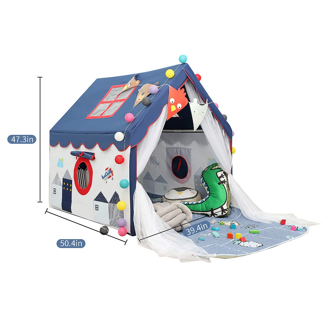 YOIKO Kids Tent Indoor Playhouse with Star String Lights, 50.4" x 47.3", PVC, Model YK_PT_002, Blue, Colorful Accessories Included