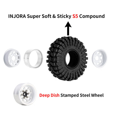 INJORA 1.0 Beadlock Wheel Tires Set -3.78mm Offset Wheel Rims for 1/18 1/24 RC Crawler Car Axial AX24 SCX24 FMS FCX24 TRX4M,Whit