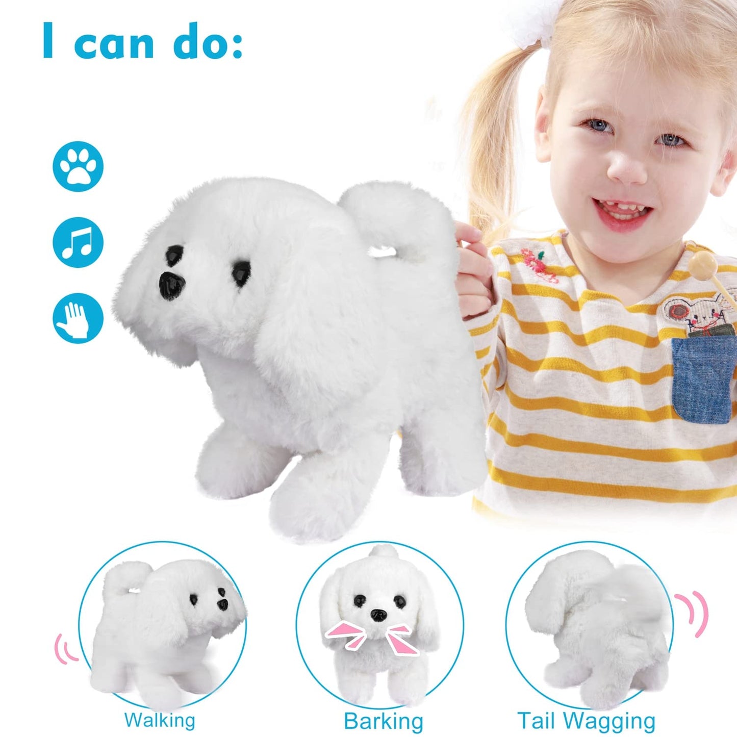 Worwoder Plush Bichon Frise Toy Puppy Electronic Interactive Pet Dog - Walking, Barking, Tail Wagging, Stretching Companion Anim