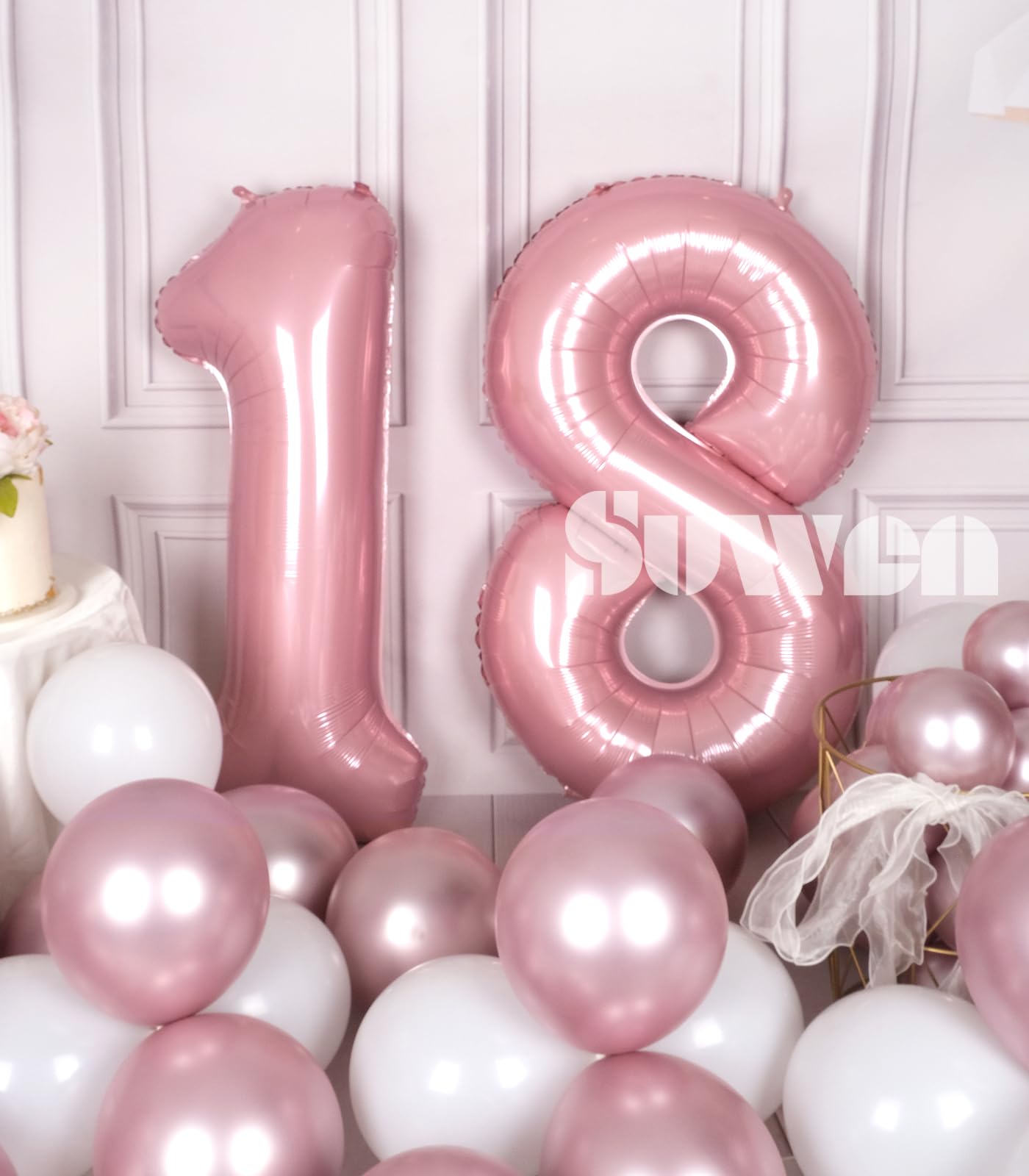 Suwen 40 Inch Pink Large 18 Number Balloons Big Foil Helium Number Balloons 0-9 Jumbo Happy 18Th Mylar Birthday Party Decoration