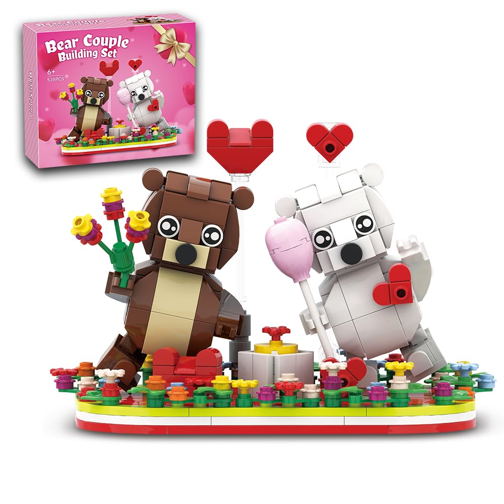 Valentines Brown and White Dancing Bear Couple Building Blocks Set Toy, Valentines Day Love Heart Ornament, Gift Toy School Clas