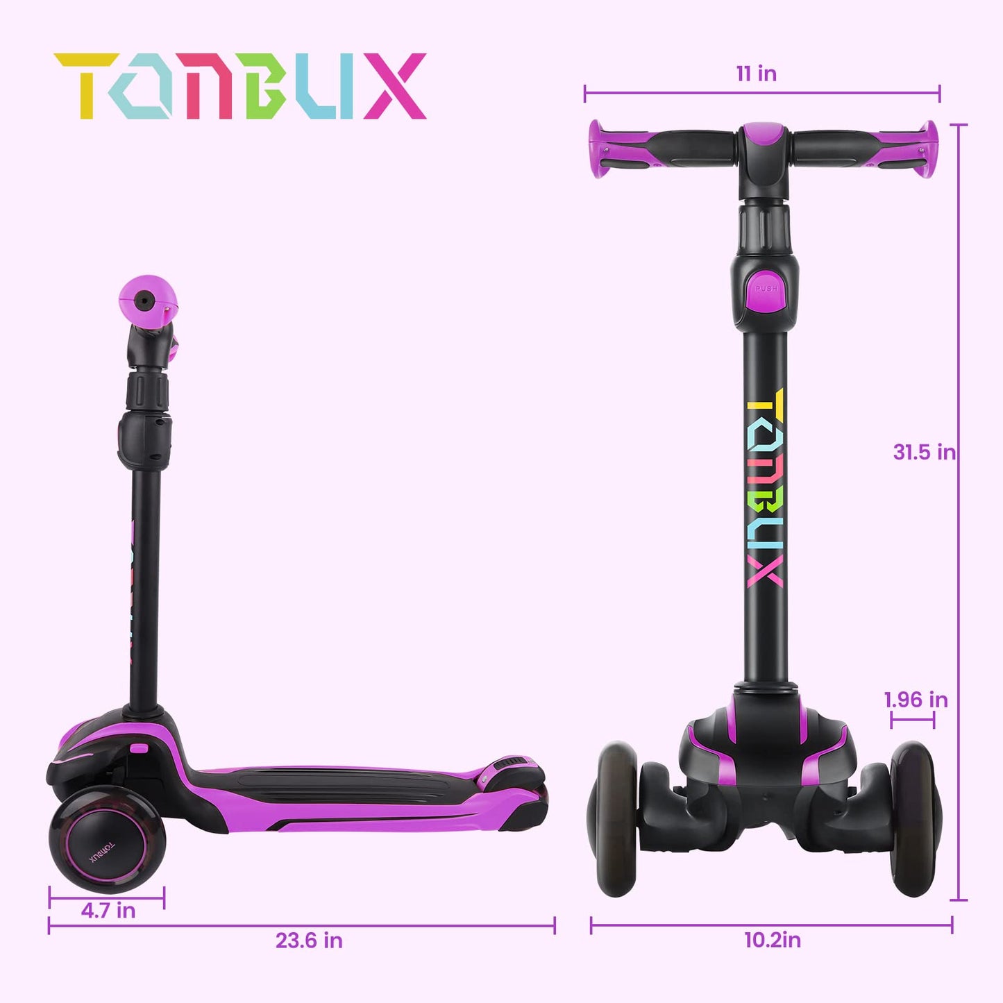 TONBUX Kids Scooter - Adjustable 4 Heights, Light Up Wheels, Shock Absorption, Purple, 5.9*25.6", Model D3