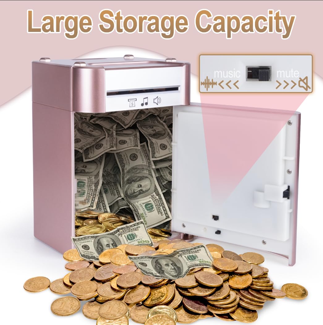 Refasy Touchscreen Piggy Bank Atm Bank Toy For Kids Age 3-12, Electronic Money Bank Coin Bank With Music Kids Safe Birthday Xmas Gifts Toys For 3 4 5 6 7 8 9 10 11 12 Year Old Boys Girls (Rose Gold)