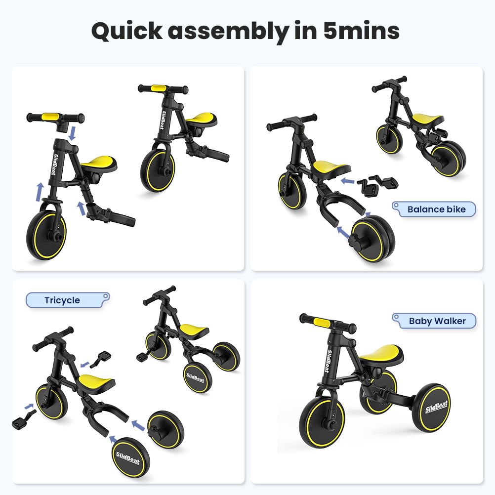 Slidbeat Kids Tricycle 3 In 1 For 2 To 4 Years Old, Toddler Bike With Removable Pedal And Adjustable Seat, Balance Trikes For Bo
