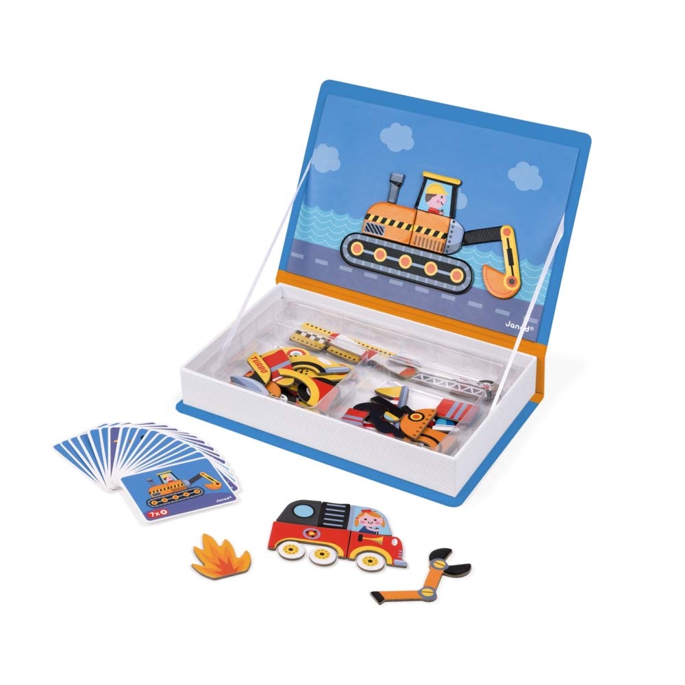 Janod Magnetic Racers Vehicle Game - 69 pcs, Cardboard, Multi-color, Ages 3+, Model J02715