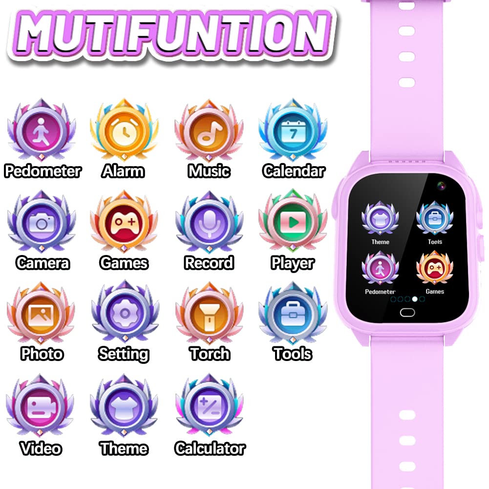 OVV Kids Waterproof Smart Watch D05-3, 1.44'' HD Touch Screen, Purple, Age 3-12, Music Player, Camera, 26 Games, Pedometer