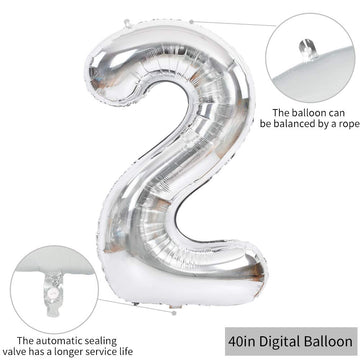 Toniful 40 Inch Silver Large Numbers Balloons 0-9, Number 2 Digital 2 Helium Balloons, Foil Mylar Big Number Balloons For Birthd
