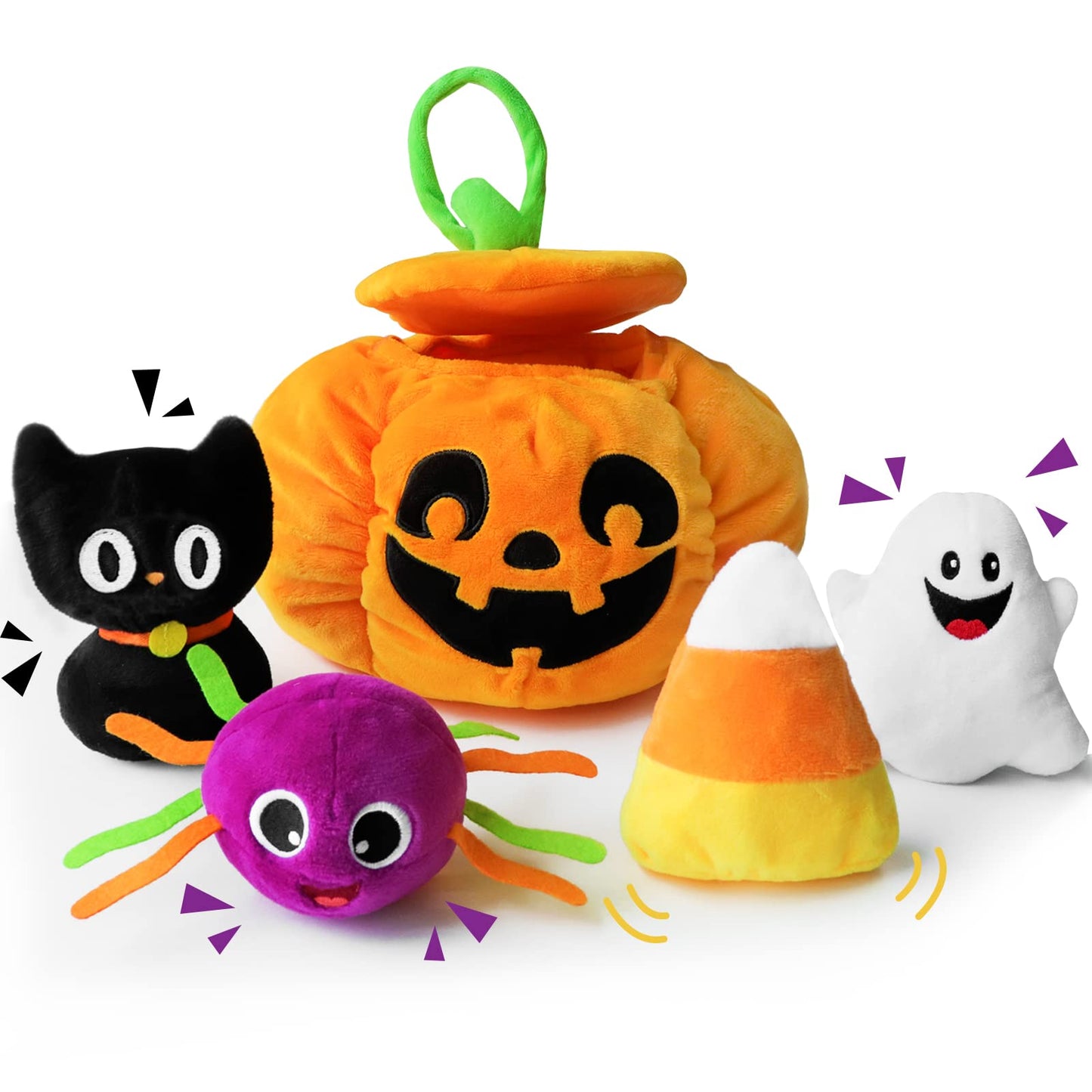 Bunny Chorus My First Halloween Pumpkin Toys Playset, 5ct Halloween Stuffed Pumpkin Plush Cat Spider Ghost Candy Corn for Baby G