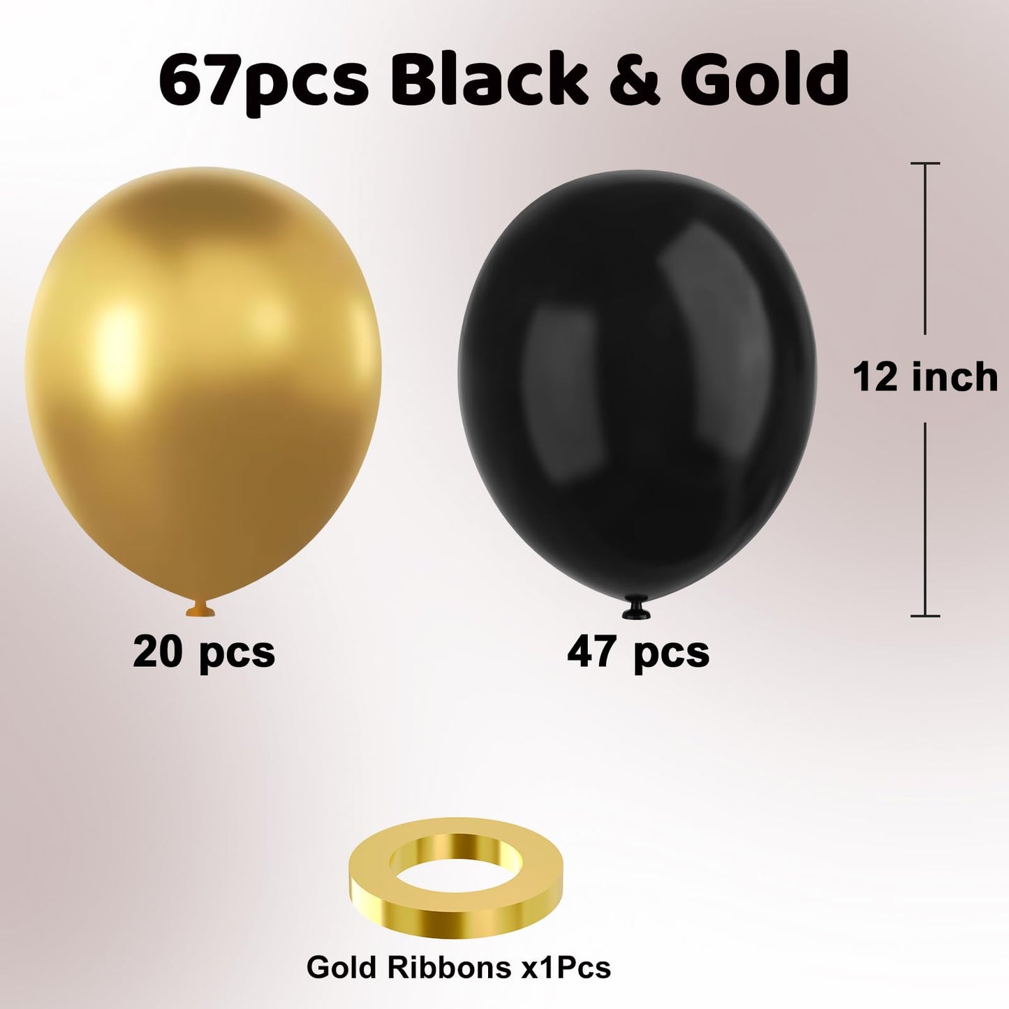 YMSZ Black and Gold Balloons Set - 67pcs 12 Inch Metallic Rubber Balloons for Birthday, Retirement, Graduation, New Year's Eve Decorations