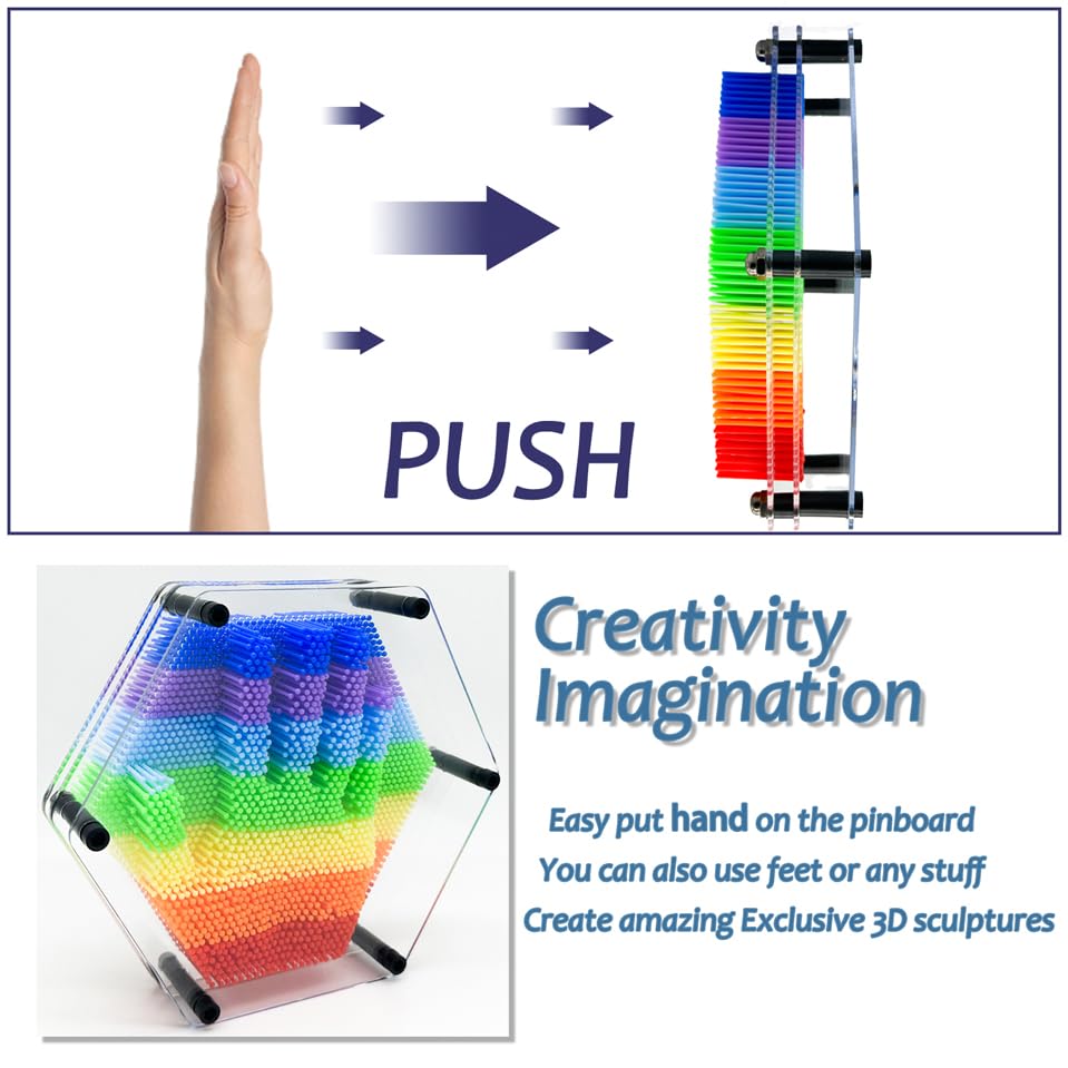 3D Pin Art Intellectual Fun Toy Rainbow Pin Art Palm Board Extra Large(7.5 X8 Inches) Arouse Sense Of Imagination Innovative Boundless Creativity (Hexagon - 7.5 X 8 Inches)