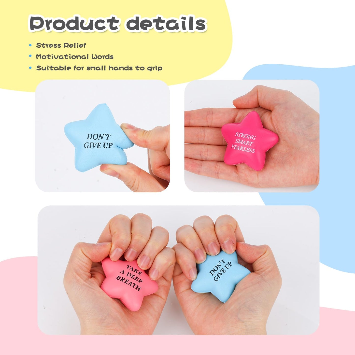 Lovestown 24Pcs Inspirational Stress Relief Balls, 2Inch Star Stress Balls Motivational Stress Balls Colorful Foam Squeeze Balls For Kids Adults Anxiety Fidget Sensory