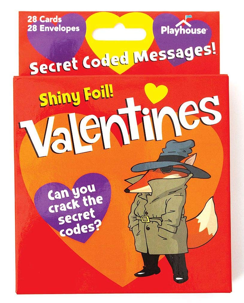 Playhouse Secret Codes Shiny Foil 28 Card Valentine Exchange Box With Envelopes For Kids