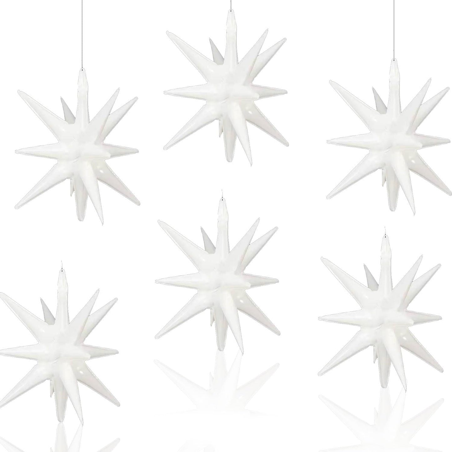 6 Pcs White Star Foil Balloons One-Piece 14-Pointed Star Balloons 4D Starburst Cone Mylar Balloons 22Inch Christmas Birthday Wed