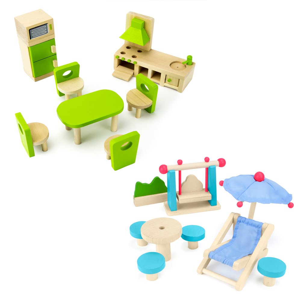Wooden Dollhouse Furniture|Made Of Safe Wood And Bright Water-Based Paint|Compatible With Most Doll Houses|41 Pc Bundle