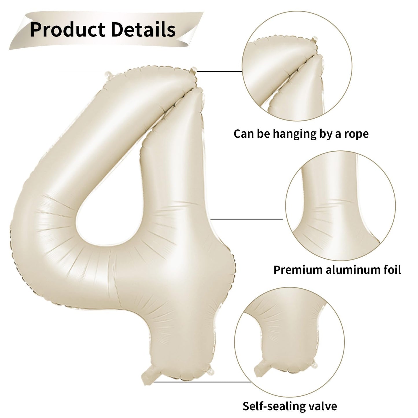 40 Inch Cream Number 4 Balloon, Beige Large 4Th Birthday Balloons, Digital 4 Cream White Giant 4 Foil Balloon Helium For Boys Gi