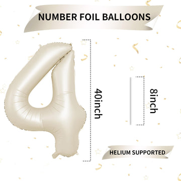 40 Inch Cream Number 4 Balloon, Beige Large 4Th Birthday Balloons, Digital 4 Cream White Giant 4 Foil Balloon Helium For Boys Gi